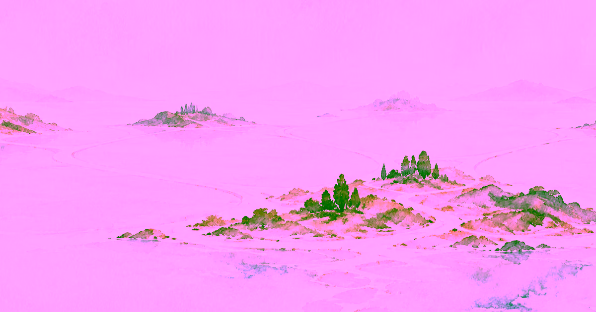 A watercolor landscape of small islands connected by branching paths across pale blue water