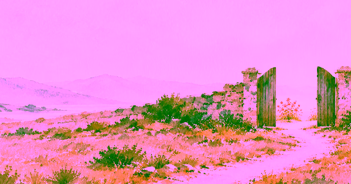 An open wooden gate in a low stone wall leading into a quiet watercolor landscape