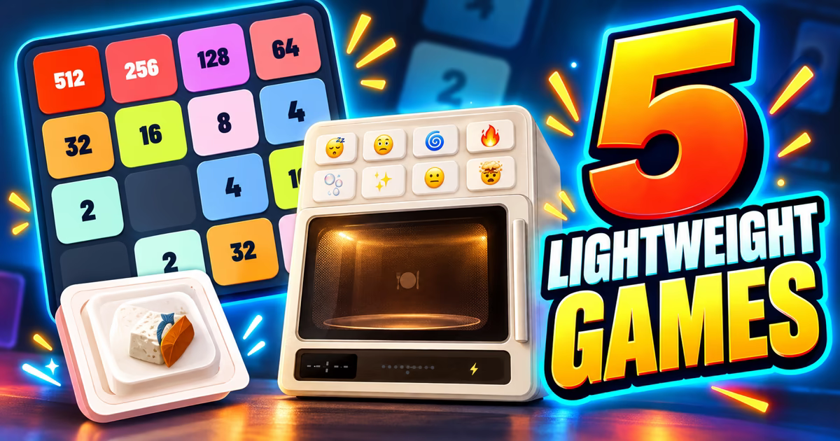 Five lightweight browser games represented by colorful number tiles, a mood microwave, and a tofu ritual
