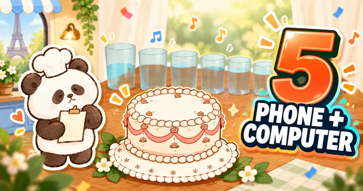 Five cross-device browser games represented by a panda cafe, a birthday cake, and musical water glasses