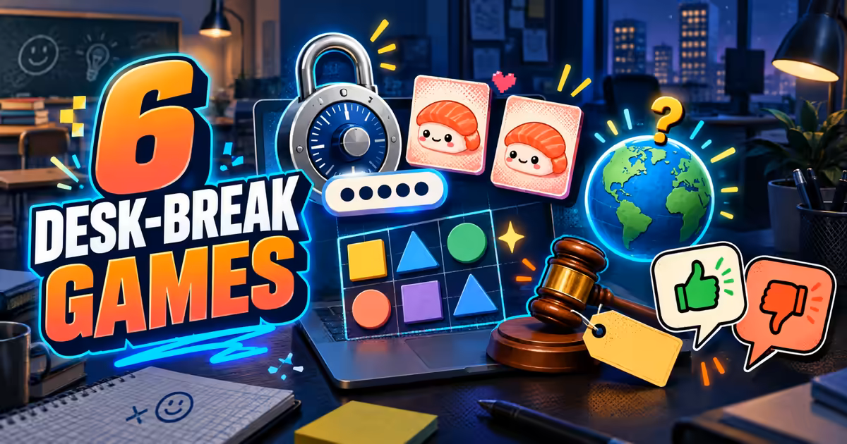 Six desk-break browser games shown with a password lock, sushi cards, a puzzle grid, trivia globe, auction gavel, and vote buttons