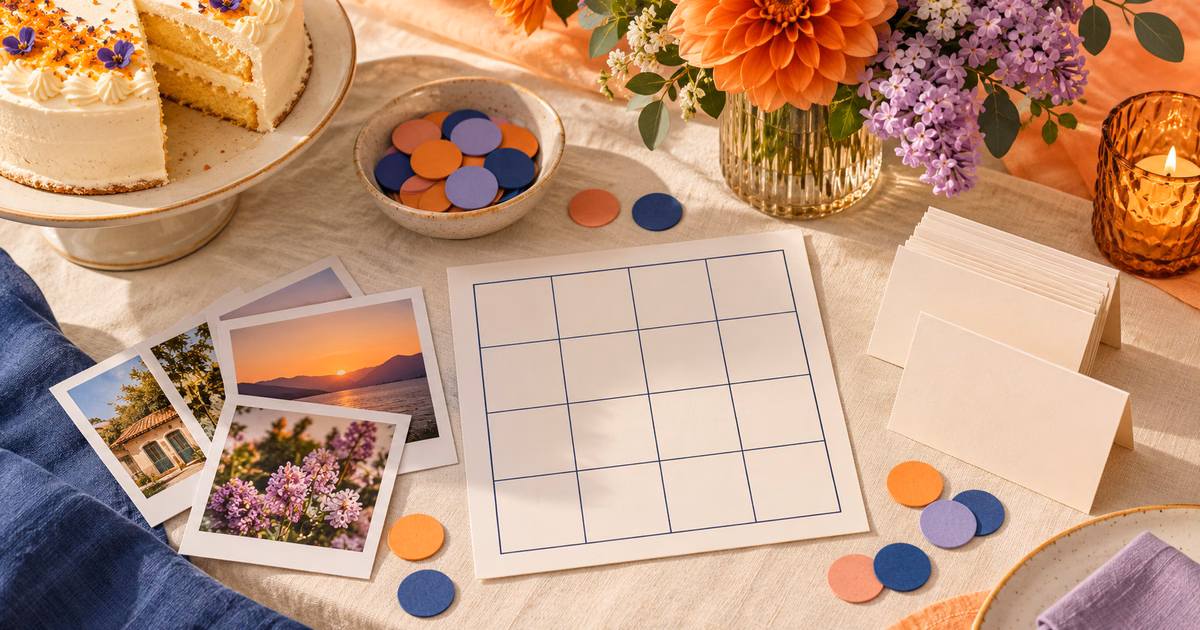 A handmade bingo card, photo prints, trivia cards, and colorful tokens arranged beside a cake and flowers