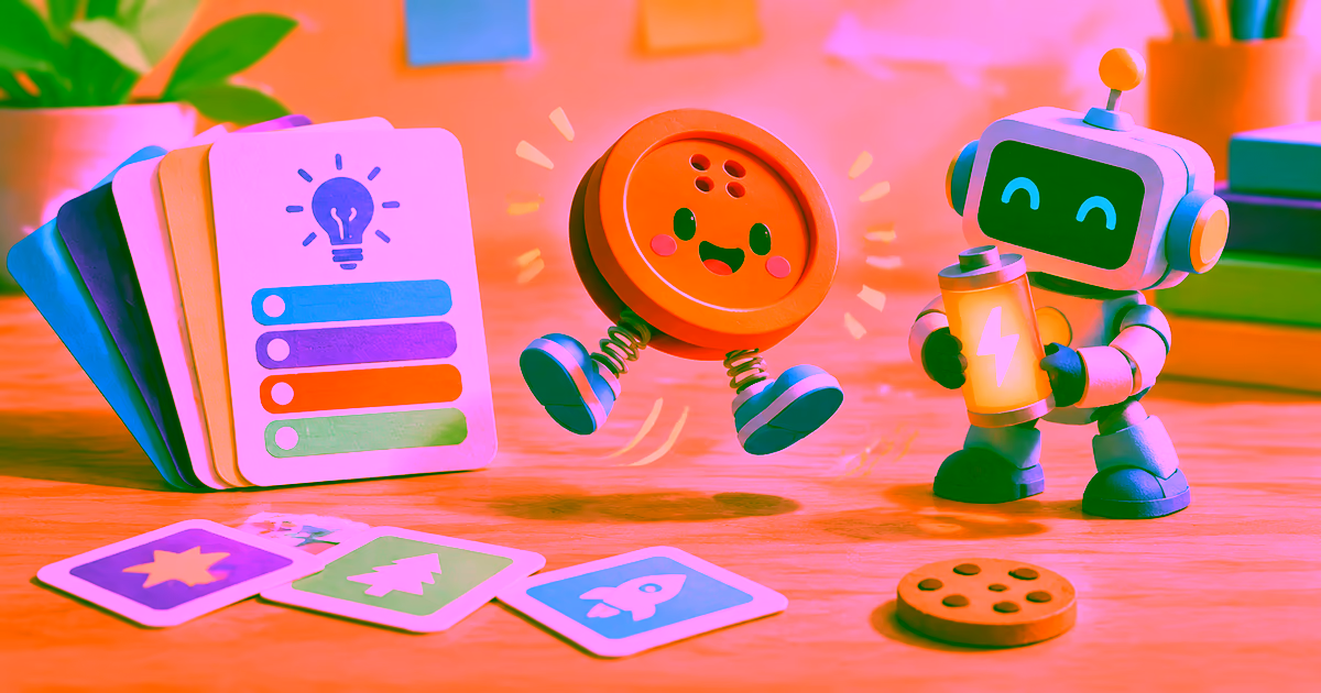 Colorful quiz cards, a playful running button, and a friendly battery-hunting robot