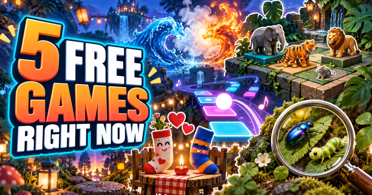Five free online games shown with elemental crafting, jungle animal chess, rhythm tiles, dating socks, and forest insects