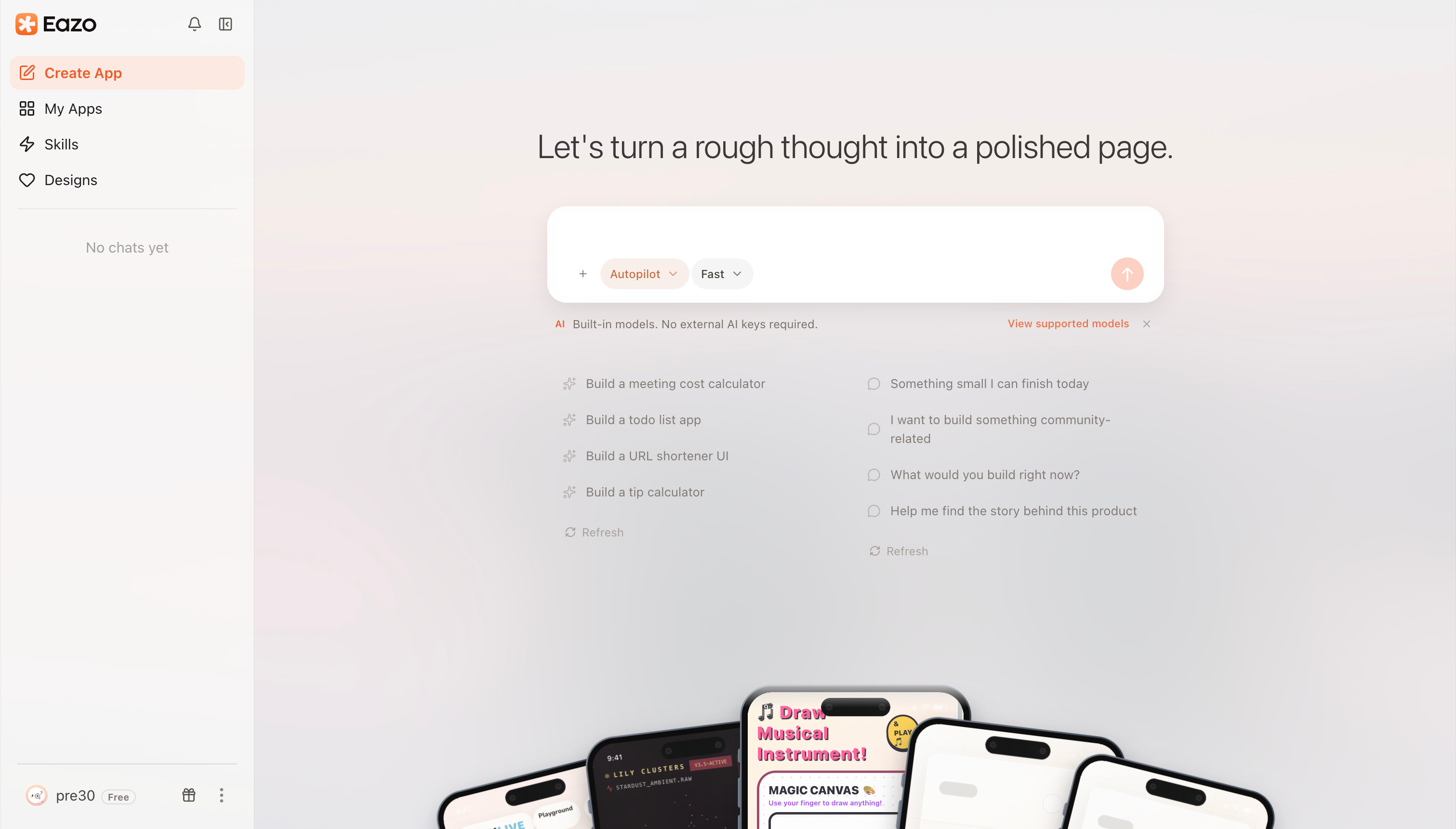 The Eazo Creator home screen, where a creator can describe a game idea