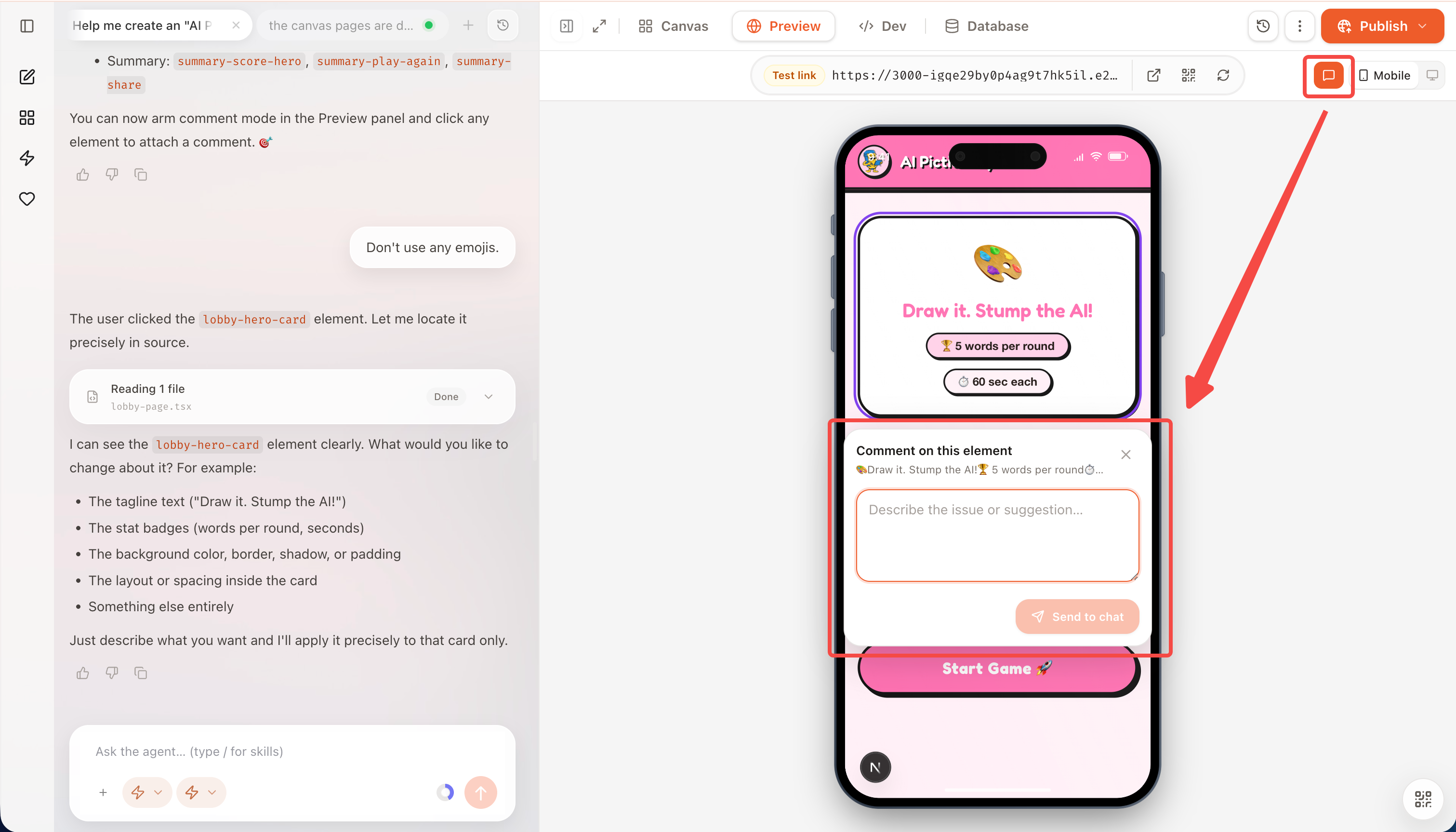 Eazo Preview with Comment mode selecting an App element and opening a feedback box