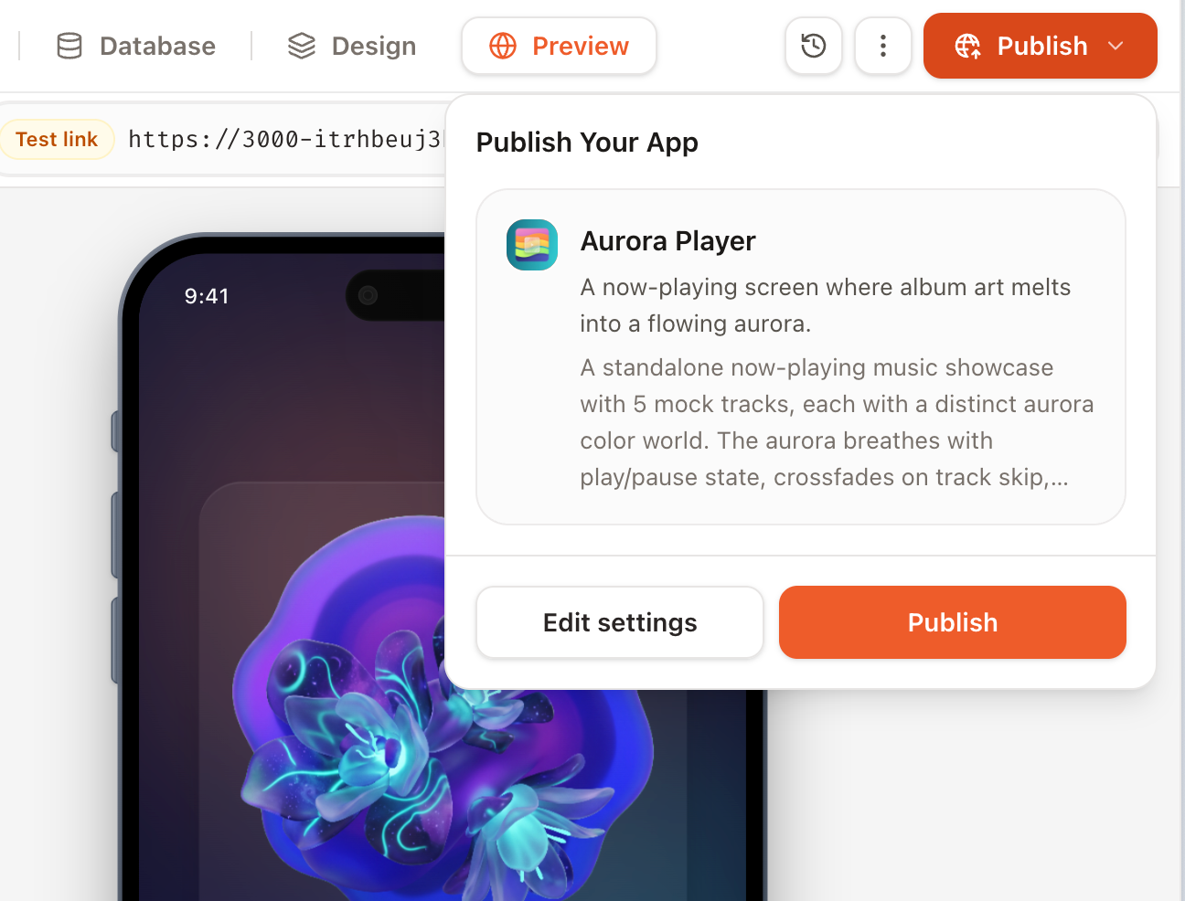 The Eazo Publish window showing the App preview, settings, and Publish action
