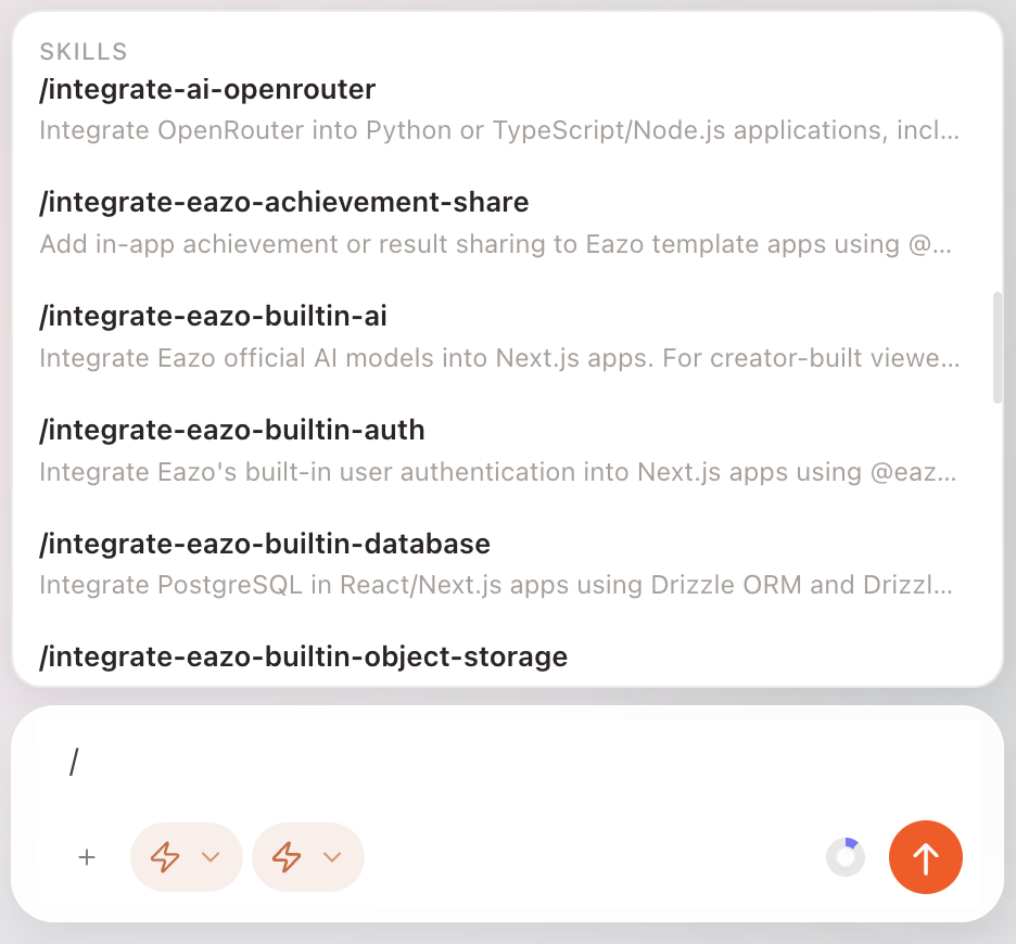 The Eazo Creator Chat composer with the slash menu open for choosing a Skill
