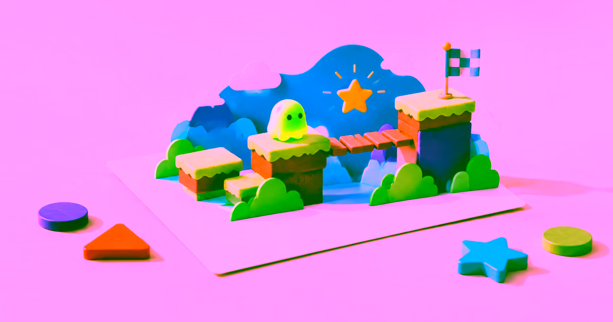 A small green character crosses handmade game platforms toward a finish flag
