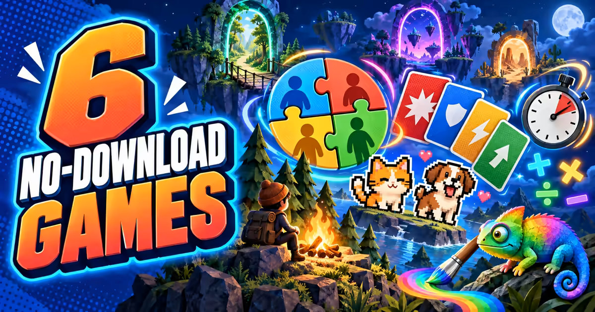 Six no-download browser games shown with a wilderness camp, colorful cards, pixel pets, a chameleon, and math symbols