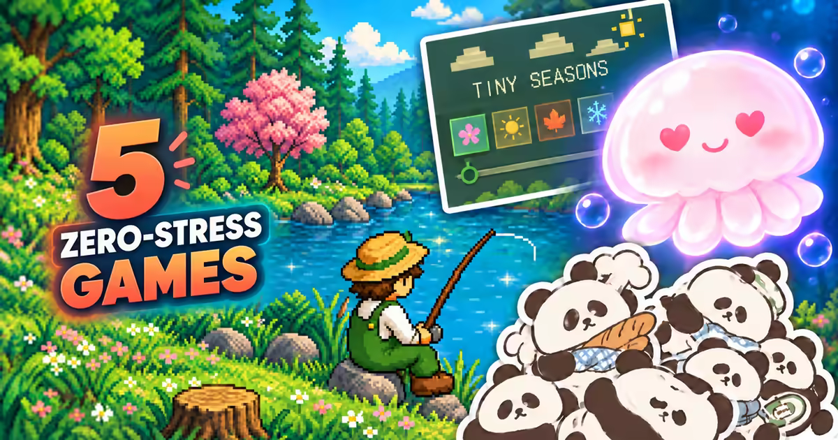 Five zero-stress games shown with a pixel-art fishing lake, a glowing jellyfish, pandas, and changing seasons