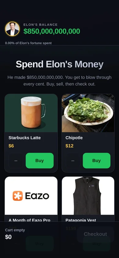 Spend Elon's Money displaying a large balance and purchasable products
