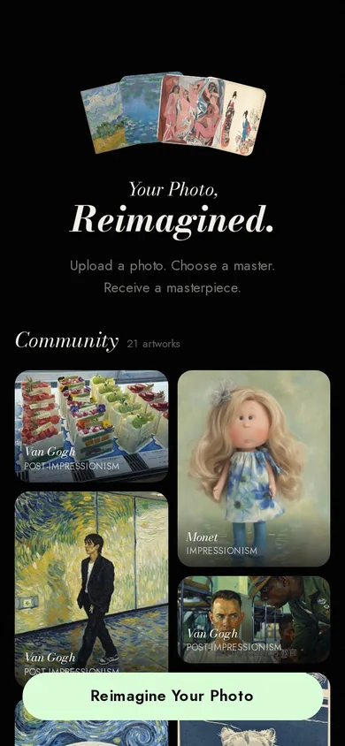 Reimagine showing community photo transformations and an upload prompt