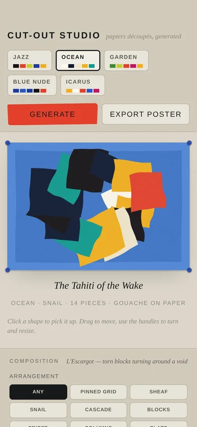 Cut-Out Studio showing a colorful paper collage and composition controls