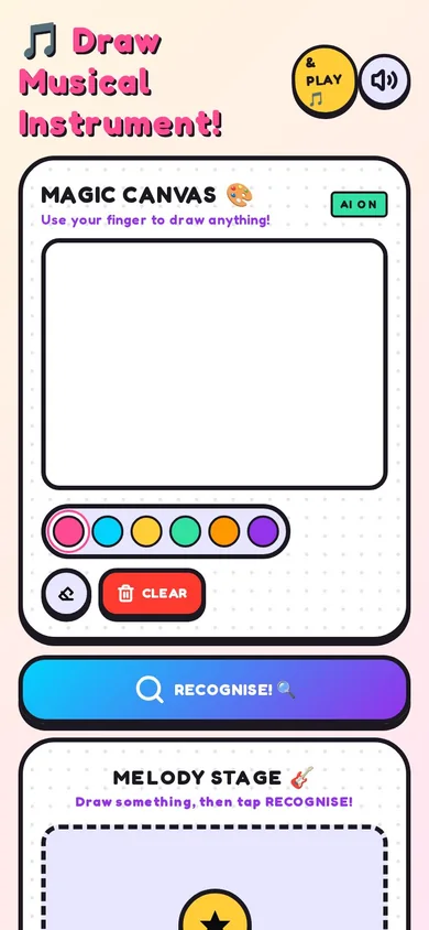 Draw & Play showing a colorful drawing canvas and melody stage