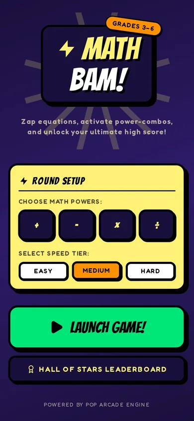 MATH-BAM!!! showing operation and speed controls before a game