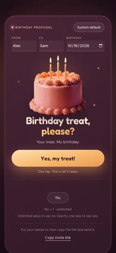Birthday Treat Proposal showing a cake and a playful invitation button