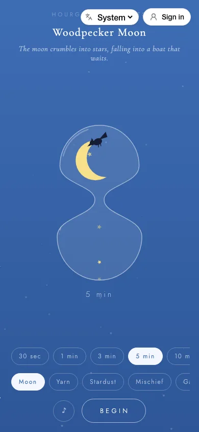 Meditative Hourglass showing a moon inside a softly animated hourglass scene