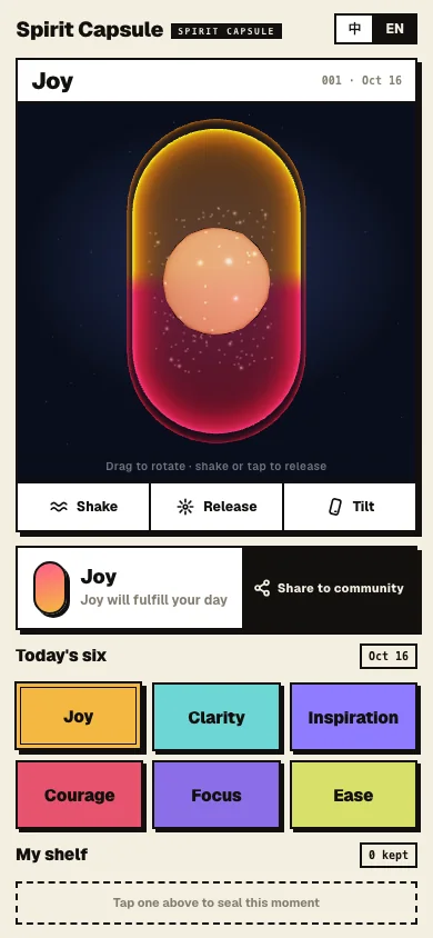 Spirit Capsule showing a glowing joy capsule and a colorful selection of feelings