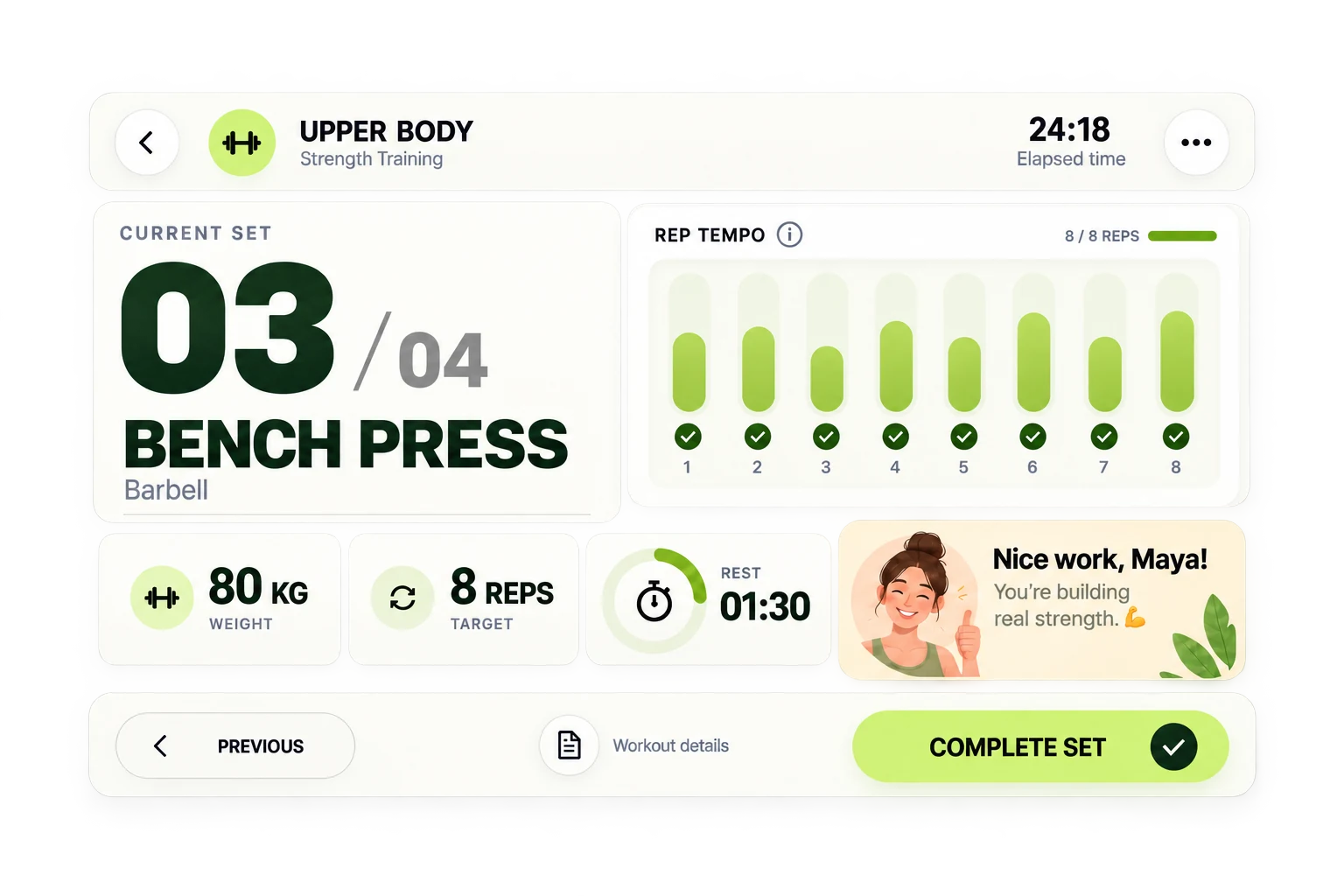 Fresh strength-training app interface showing bench press sets, weight, reps, rest time, and a personal encouragement for Maya