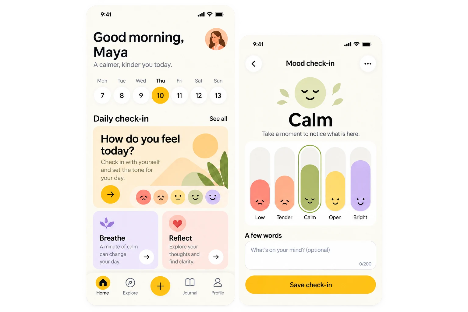 Home and mood check-in screens from a mindfulness app