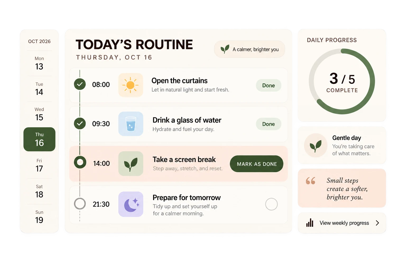 Personal-care routine planner showing the October 16, 2026 schedule, task states, and daily progress