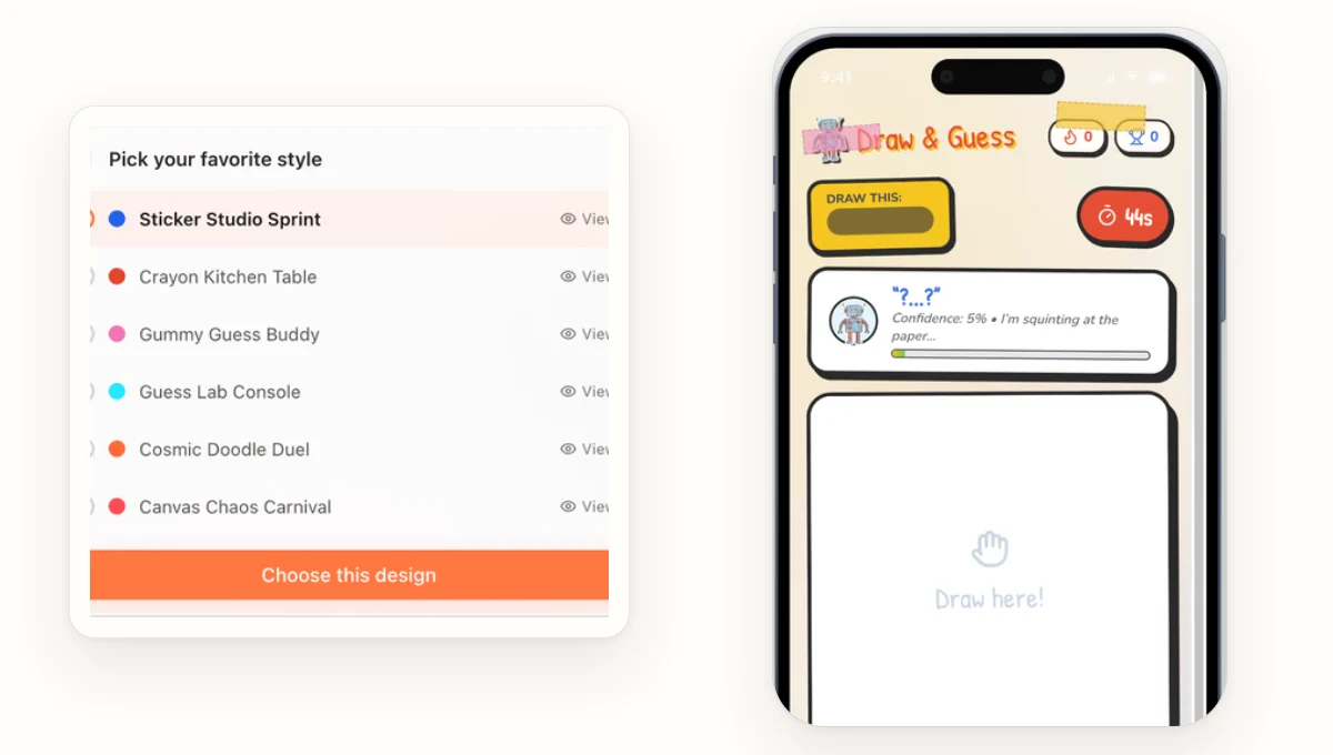 Eazo design directions alongside the working AI Draw and Guess app preview.