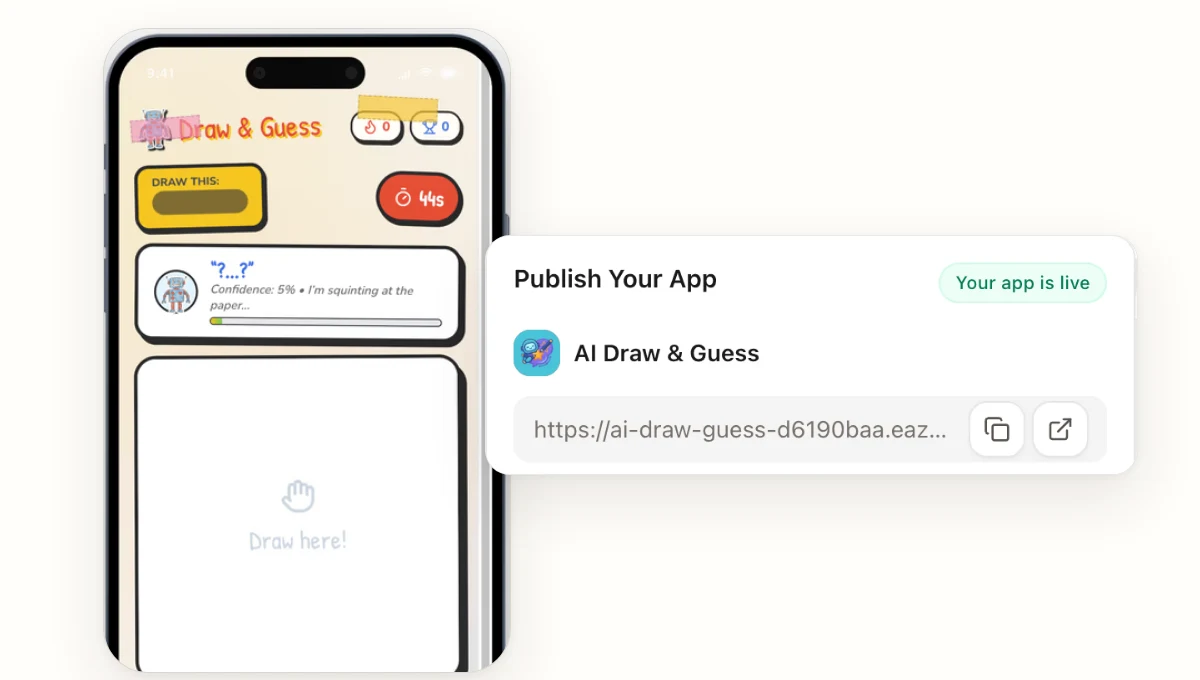 The AI Draw and Guess app beside its published Eazo link and live status.