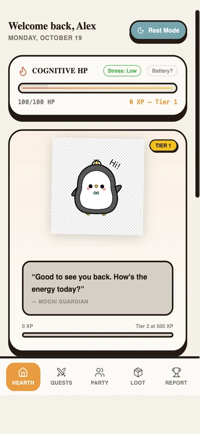 EAZO Quest showing the companion, cognitive HP, and quest navigation