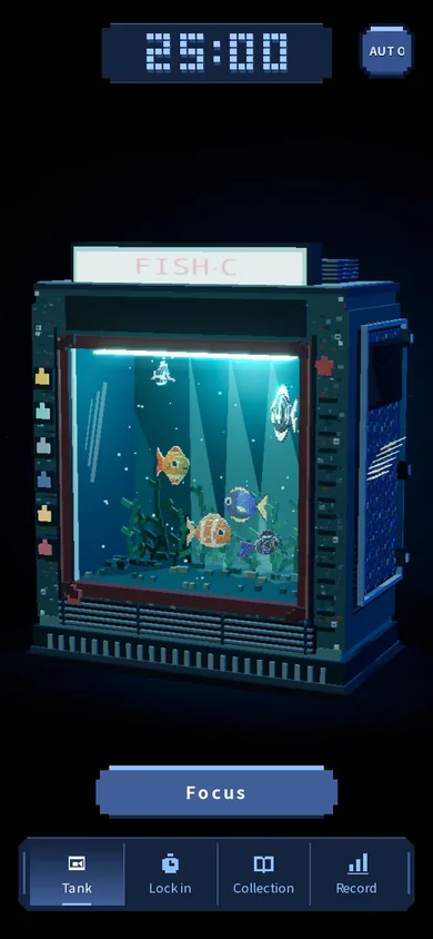 LOCK IN Aquarium showing a pixel aquarium beneath a focus timer