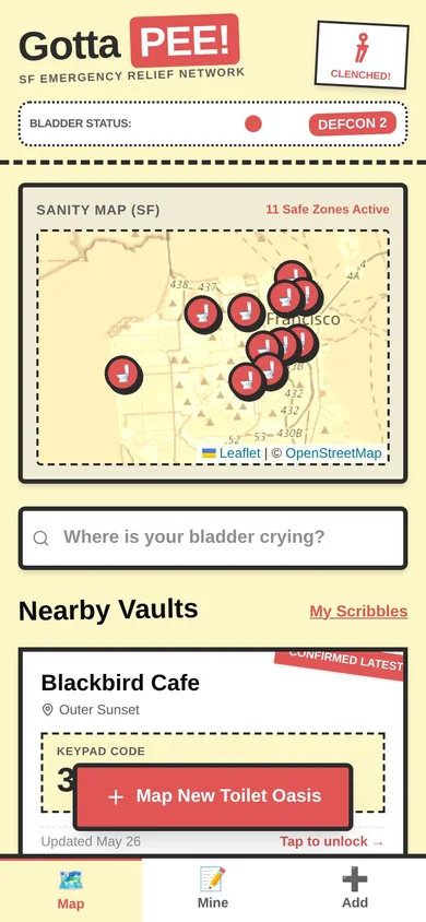 Gotta PEE! showing a map of nearby bathrooms and a location card