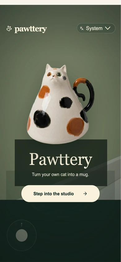 Pawttery showing a cat-shaped pottery mug and the studio entrance