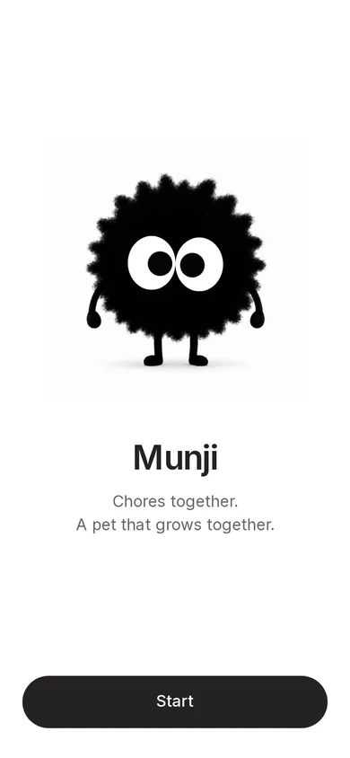 Munji showing a fuzzy virtual pet above a start button