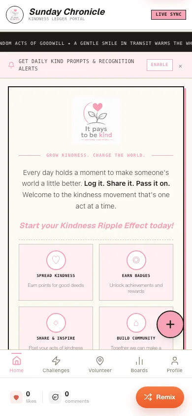 It Pays to Be Kind showing cards for spreading kindness, earning badges, and building community